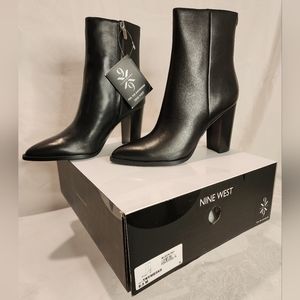 NWT Nine West Tryme 9x9 Black Leather Pointy Toe Block Heel Ankle Boots 8.5 NIB